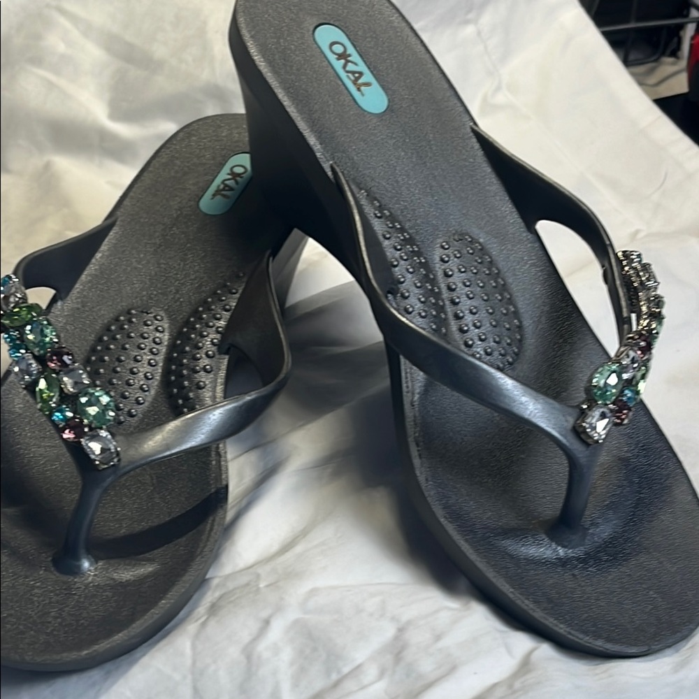 OKAb Women's gray Wedge Flip Flops with Green & Multicolor Gem Accents